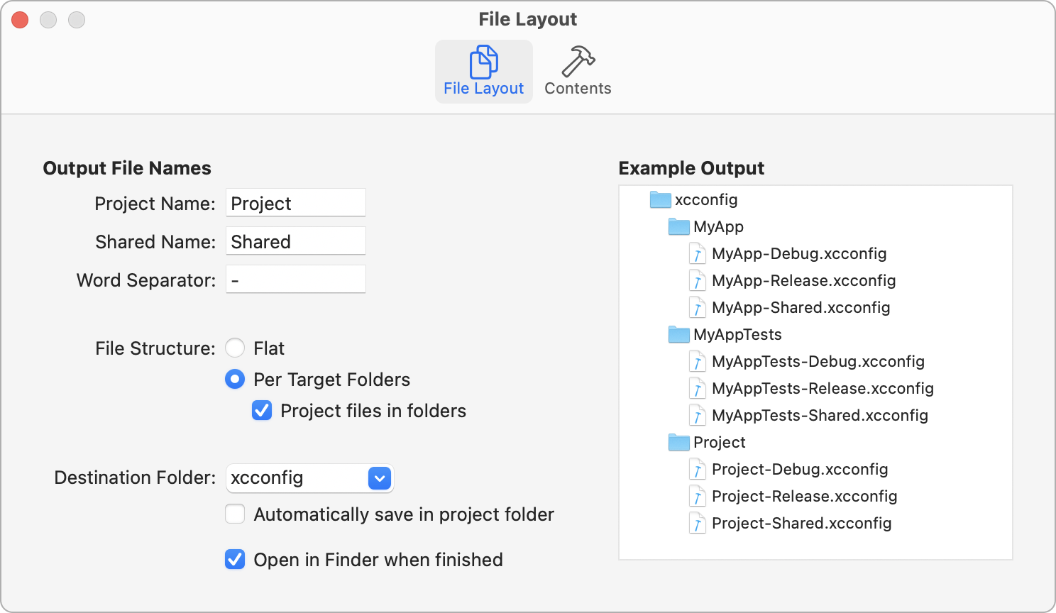 File layout settings pane of BuildSettingExtractor app 